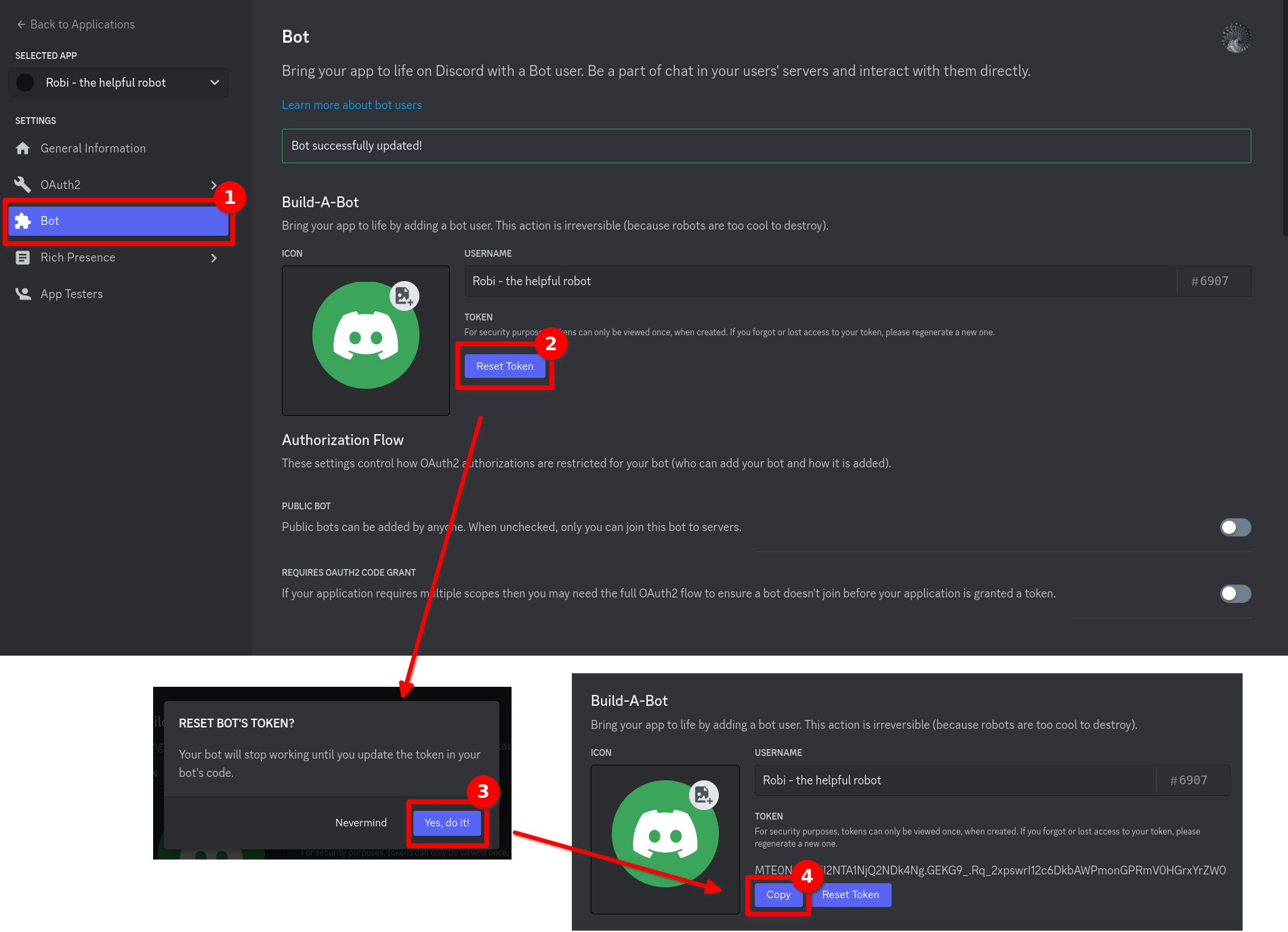 Copying the bot token from the Discord Developer Portal